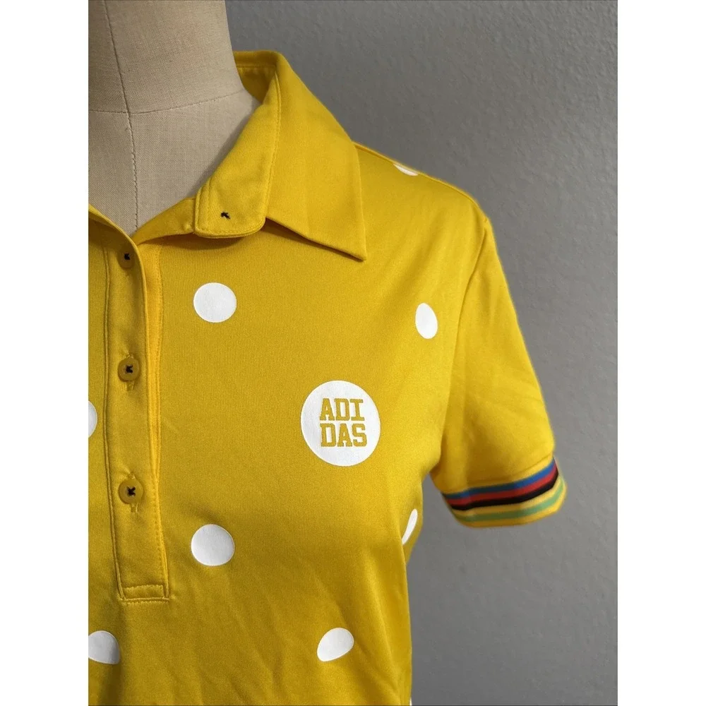 Adidas Golf Shirt Womens Yellow Polka Dot Rainbow Trim Polo CV8771 Rare Sz Small
